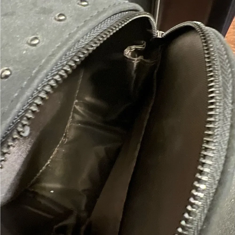 Engraved Studded round crossbody black bucket bag